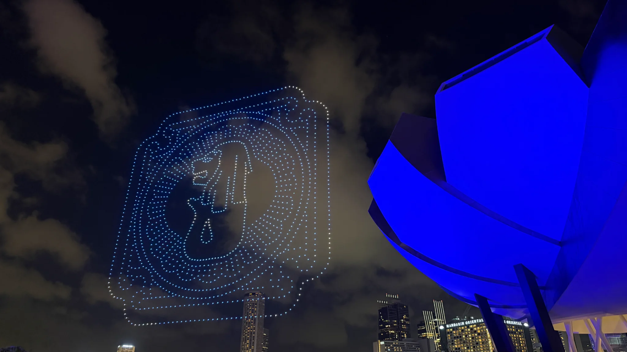 End of performance with drones showing Singapore Merlion