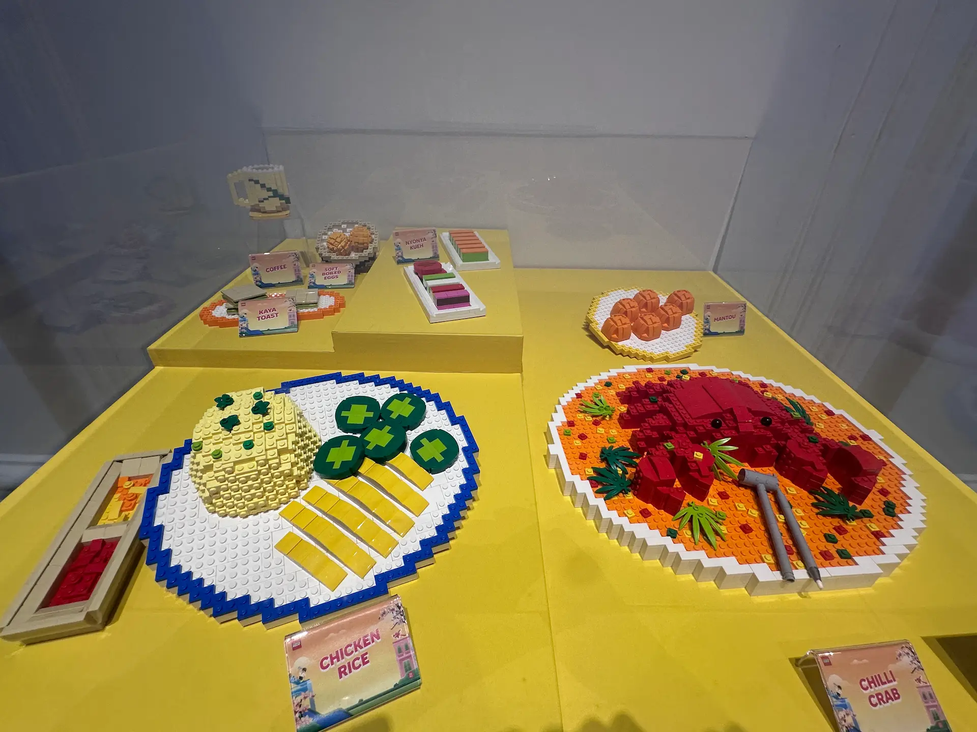 LEGO miniature versions of Singapore's iconic dishes including chicken rice, chilli crab, kaya toast and many more