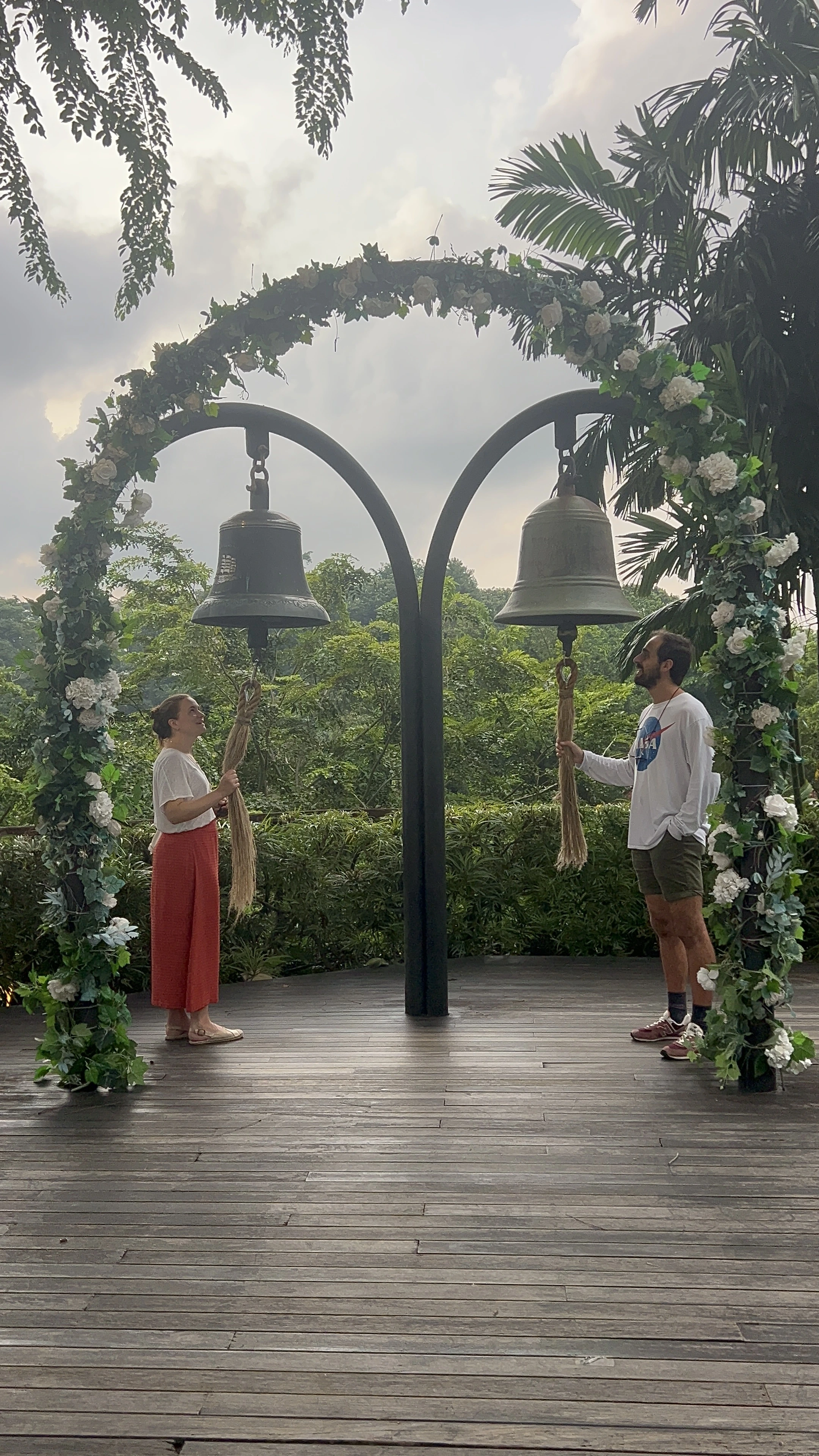 Visitors ringing the large bells at Mount Faber