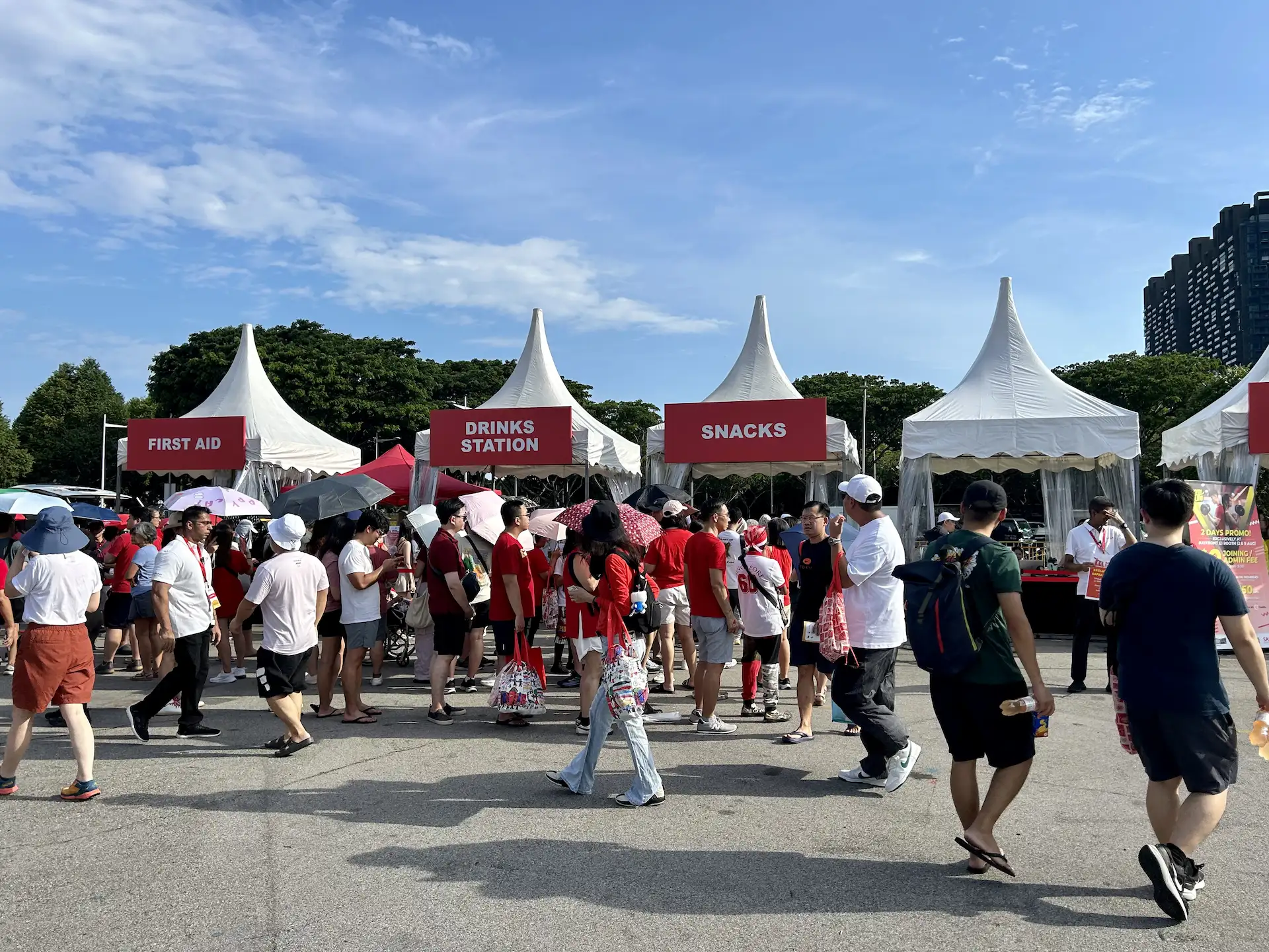 Booths offering free drinks and snacks